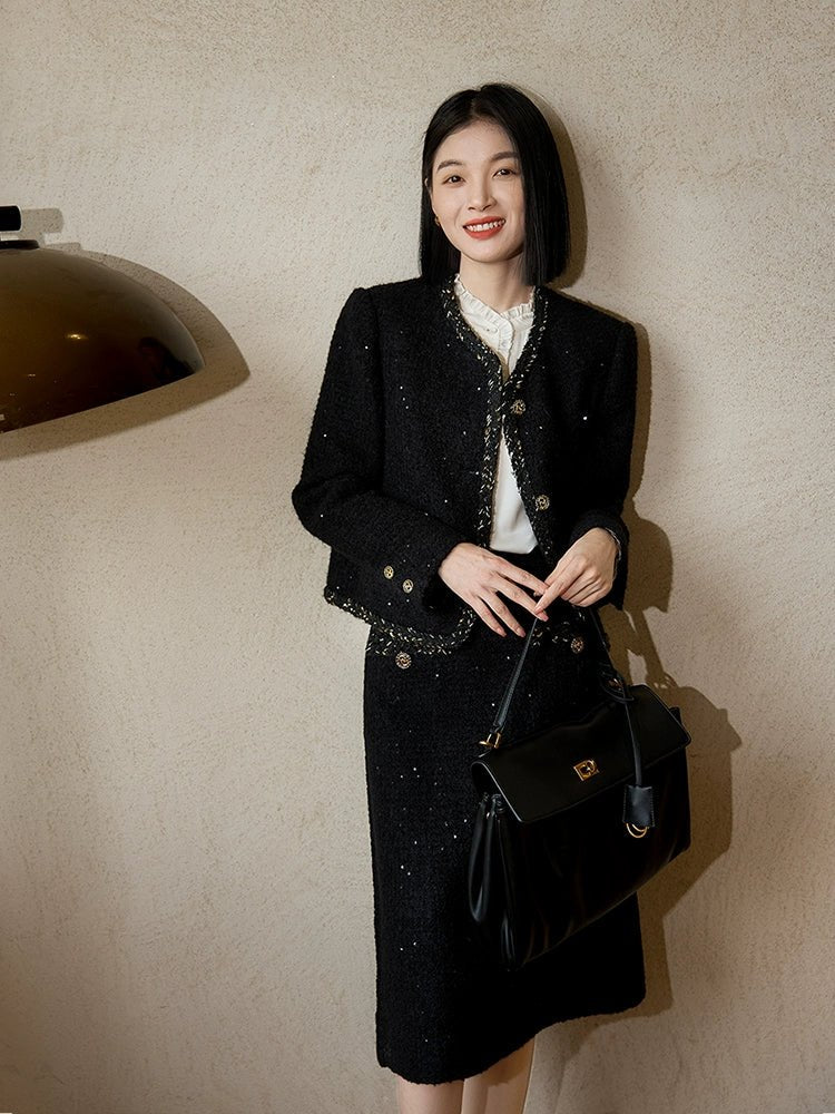 Alpaca Tweed Coat Dress | Night Black Sparkling Series - ShopKing.com