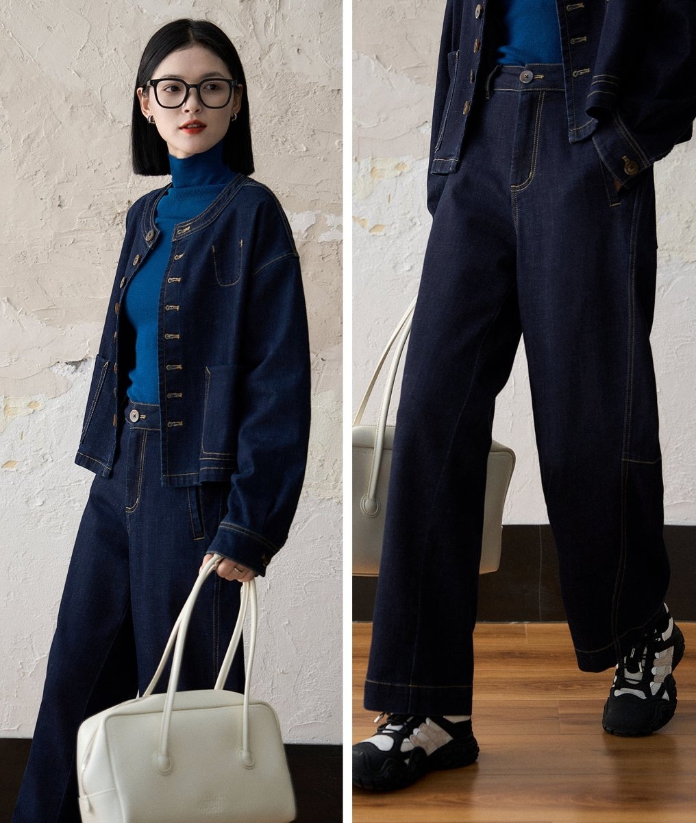 Chic Artistic Denim Set: Short Jacket and Cocoon Denim Pants - ShopKing.com