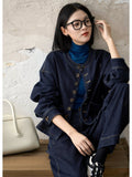 Chic Artistic Denim Set: Short Jacket and Cocoon Denim Pants - ShopKing.com