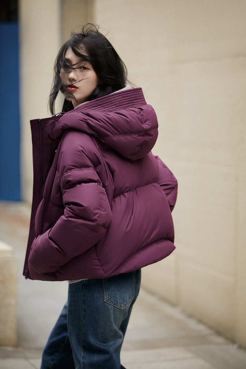 Elegant Down Puffer Coat | Italian Plum & Almond Cream Collection - ShopKing.com