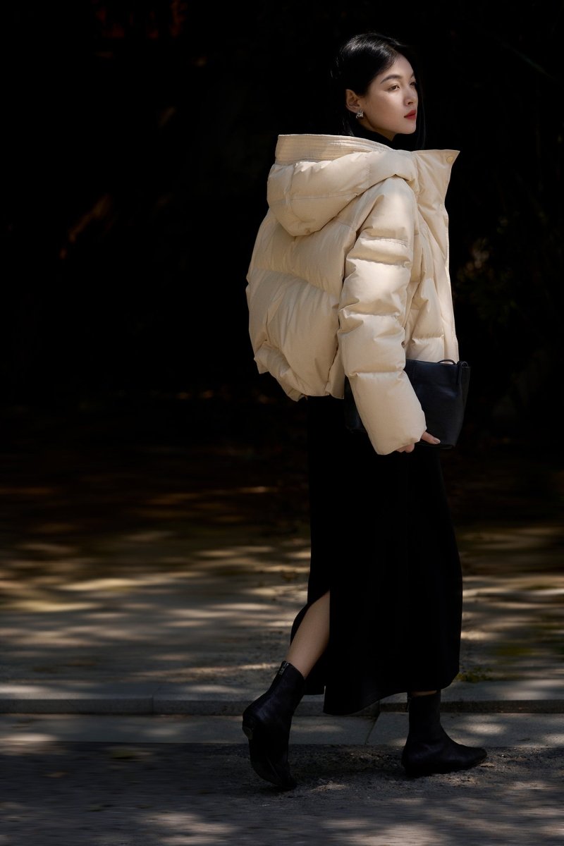 Elegant Down Puffer Coat | Italian Plum & Almond Cream Collection - ShopKing.com