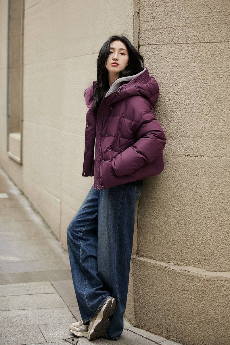 Elegant Down Puffer Coat | Italian Plum & Almond Cream Collection - ShopKing.com