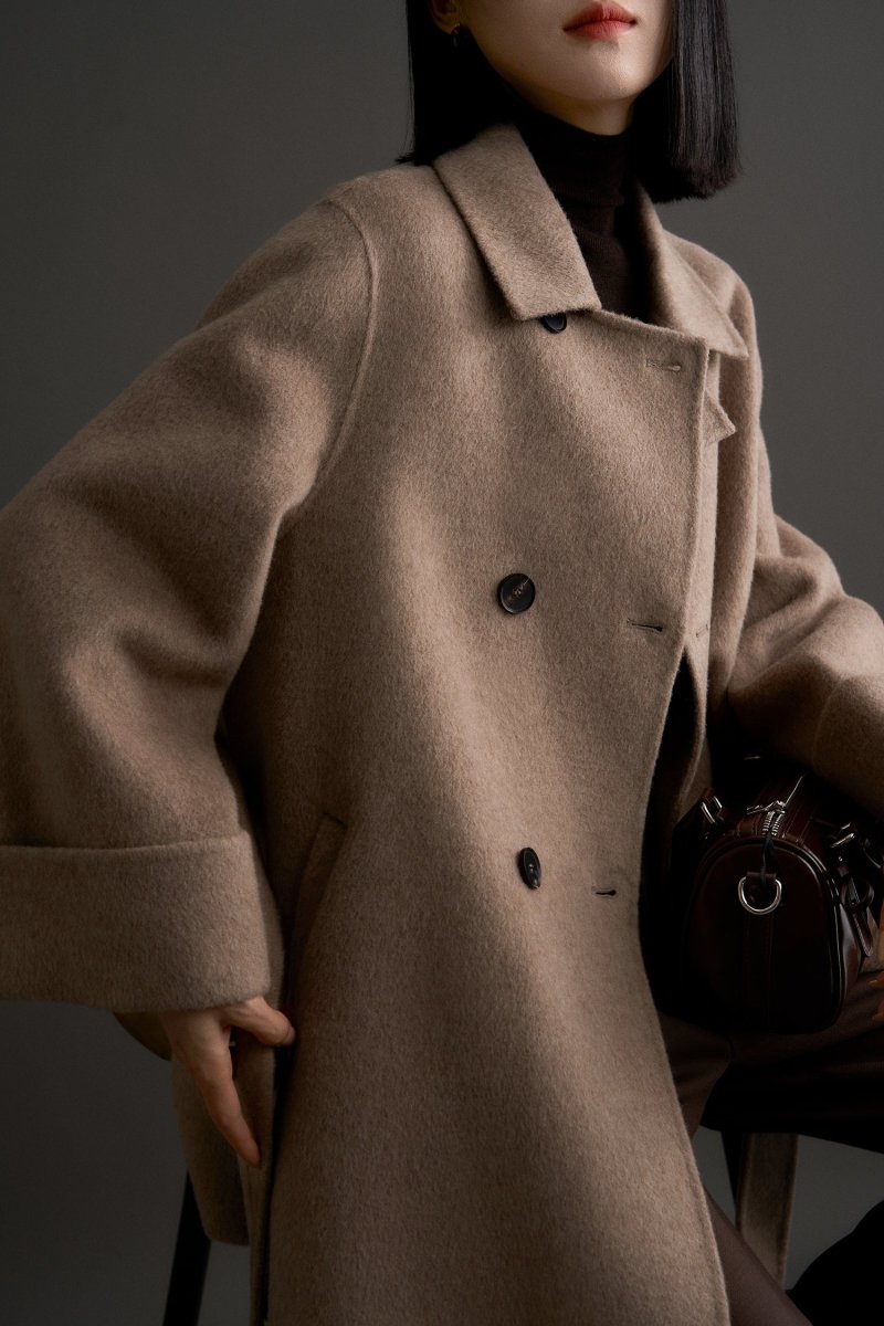 Maillard Camel Wool - Silk Blend Double - Faced Women Coat - ShopKing.com