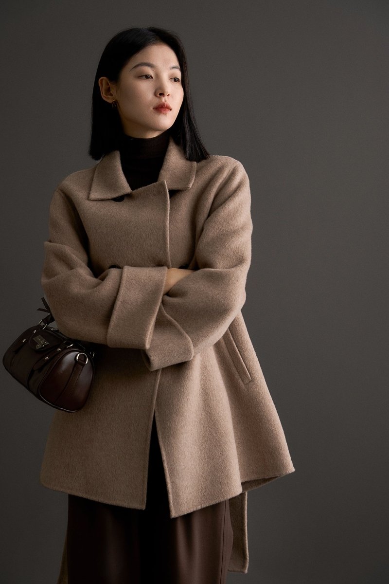 Maillard Camel Wool - Silk Blend Double - Faced Women Coat - ShopKing.com