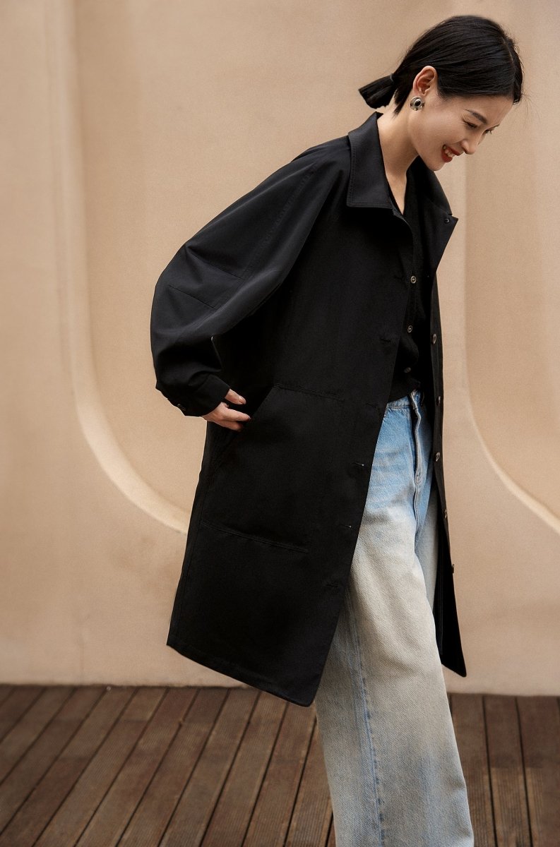 Timeless Mid - Length Trench Coat | Classic Black & Royal Harbor - ShopKing.com