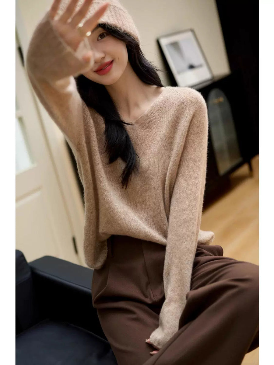 V - neck Cashmere Silk Pullover Sweater Women - ShopKing.com